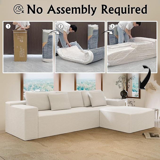 White sectional couches for Living Room Corduroy Couch，104" Cloud Sectional Couch with L-Shape Chaise， Modern Modular Sofa, Deep Seat Comfort, No Assembly Required(Plush Corduroy Fabric)