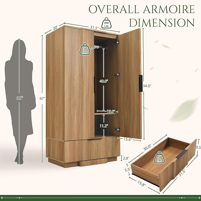 Yechen 67" Fluted Armoire Wardrobe Closet Set of 3 with Doors and Drawer, Wooden Wardrobe Closet Cabinet with Adjustable Shelve, Modern Small Armoires Storage Clothes, Coats for Bedroom, Natural, 3pcs