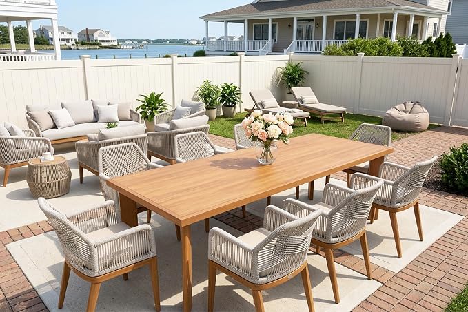 PURPLE LEAF 9 Pieces Patio Dining Set Aluminum Rectangular Table and Rattan Arm Chairs with Cushions for Kitchen Porch Garden Modern Outdoor Furniture Sets by PURPLELEAF