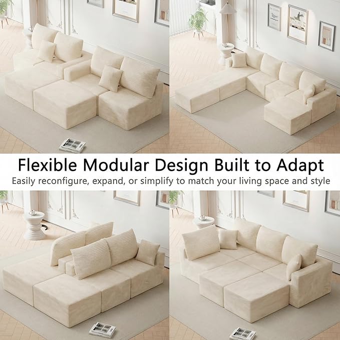 Homall 126" Sectional Couches for Living Room, Modern Fabric Boneless Couch with Deep Seat, Upholstered Cloud Sofa with 2 Ottoman, No Assembly Required (Beige, U Shaped Sofa)