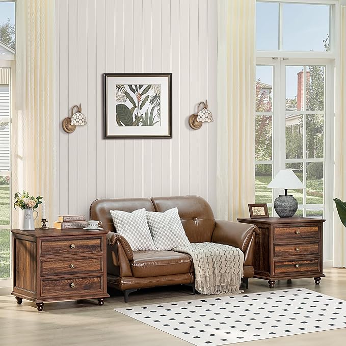 Joaxswe 24" Wide Farmhouse Night Stand Set of 2,Large End Table with 3 Drawers & Metal Handle,Wood Dresser for Bedroom,Bed Side Table Chest of Drawers Cabinet,Brown Nightstand for Living Room,Closet - Image 2