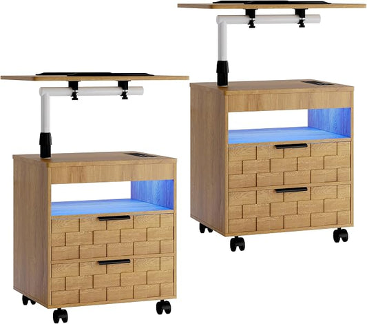 Lareth Nightstand Set of 2 with Drawers, Smart Night Stands with Charging Station, Height Adjustable LED End Table, Rolling Bedside Table Set with Wheels for Bedrooms, Natural by HOMEFURNITURE