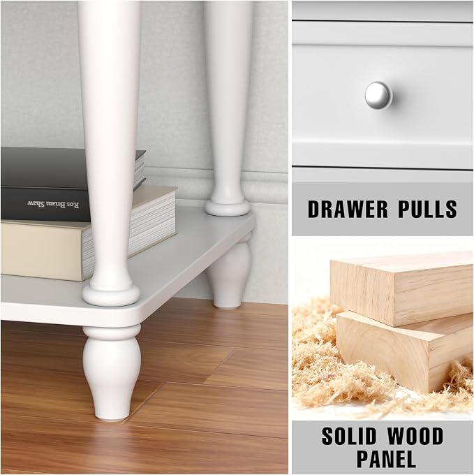 Solid Wood Nightstand with Charging Station, Traditional End Table with Drawers and Open Shelf, Bedside Table with Storage, Modern Side Table for Bedroom, White - Image 4