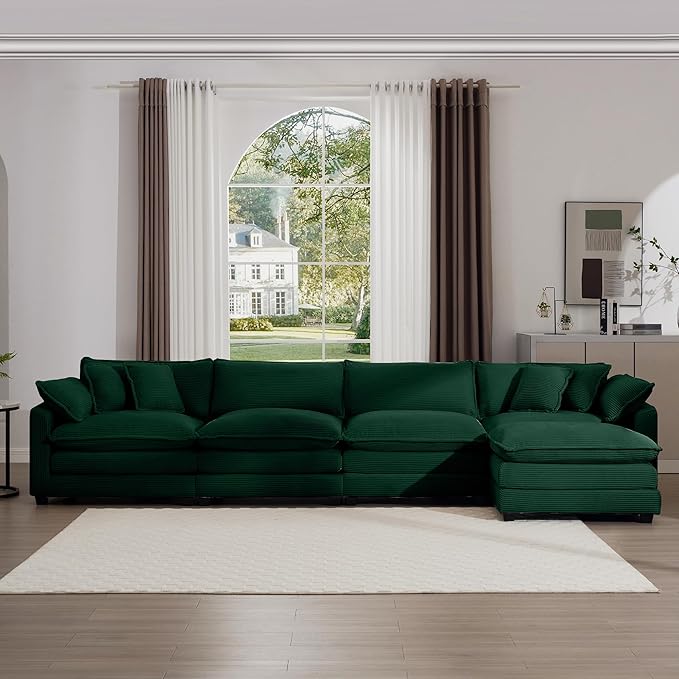 KEIKI 150" L-Shaped Oversized Corduroy Modular Sectional Sofa with 1 Ottoman, High-Density Foam Cushions, Removable Armrests, Upholstered 4-Seater Corner Couch with 6 Pillow, for Living Room, Green