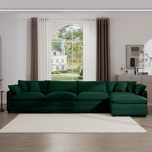 KEIKI 150" L-Shaped Oversized Corduroy Modular Sectional Sofa with 1 Ottoman, High-Density Foam Cushions, Removable Armrests, Upholstered 4-Seater Corner Couch with 6 Pillow, for Living Room, Green