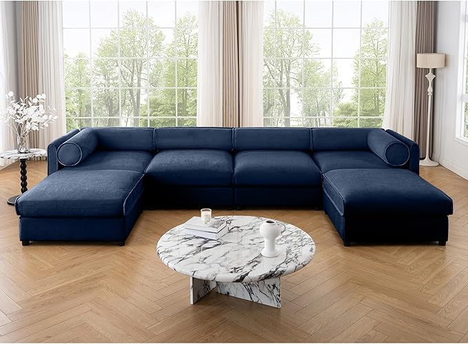 KEIKI 143" U-Shaped Modular Chenille Sectional Sofa with Storage Seat, 2 Ottoman, Modern 4-Seater Couch with Cylindrical Backrest and Armrests, Easy Assembly, for Apartment, Living Room, Blue