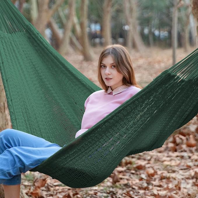 PNAEUT Handwoven Mayan Hammock, Thick Soft Rope Double Hammock for Outdoor Outside & Indoor, 600 lbs Capacity Heavy-Duty, Includes Tree Straps, Carabiners & Carrying Bag (Forest Green, X-Large) - Image 2