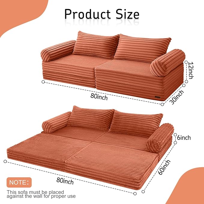 MeMoreCool Convertible Sofa Bed, Folding Floor Couch Bed Queen, Pull Out Sleeper Couch with Pillows, Fold Out Futon Sofa for Bedroom Living Room Small Space, Corduroy Orange