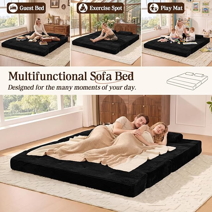 78.7IN Folding Sofa Bed - Convertible Sleeper Sofa Couch with Removable Pillows, 3 Seater Couches Bed for Living Room, Bedroom, Apartment, No Assembly Required, Freestanding, Corduroy, Black