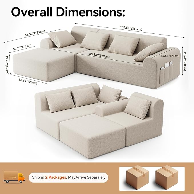 105.5" Cloud Boneless Sectional Sofa with Ottoman & 4 Pillows, L-Shaped 4-Seater Modular Couch for Living Room, Ultra Deep Seat Chenille Fabric Sofa, No Assembly Required, Beige