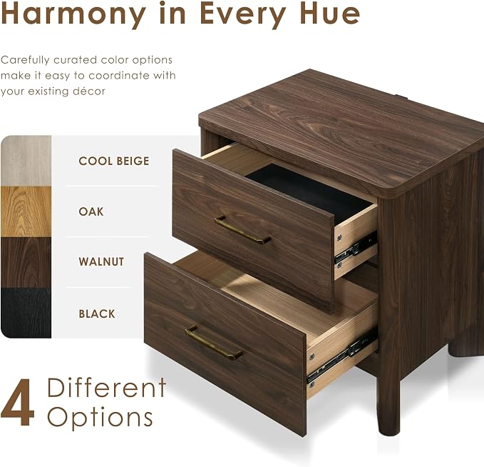 24/7 Shop at Home Sawer Modern 23-inch Wood Nightstand Set of 2 with 2 Drawers and USB Ports, Wooden Night Stand for Bedroom, Apartment, Small Bedside Table, Walnut - Image 6