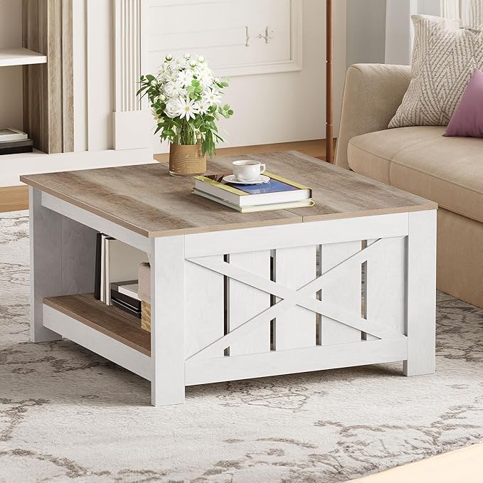 DWVO Square Coffee Table for Living Room, Farmhouse Coffee Table with Storage, 2-Tier Wood Coffee Tables Center Table with Half Open Storage Compartment, Grey Wash
