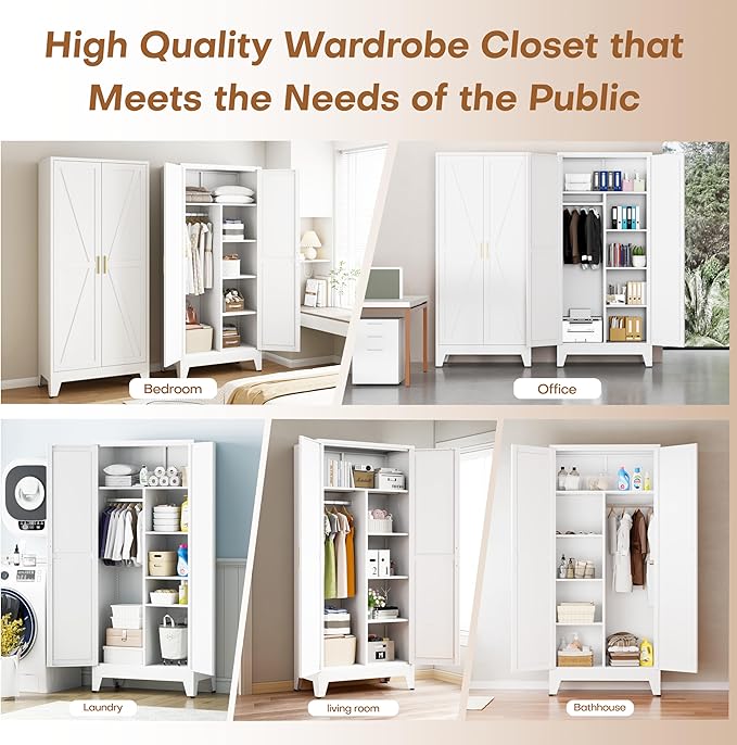 71" Armoire Wardrobe Closet with Hanging Rod & Adjustable Shelves, 2 Doors White Armoire Wardrobe Closet, Metal Clothing Storage Wardrobe Cabinet for Bedroom, Laundry Room, Office