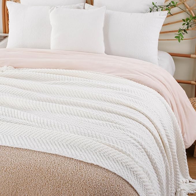 BATTILO HOME Cream Throw Blanket for Couch, Textured Knitted Throw Blanket with Tassels, Couch Cover Blanket Warm Decorative White Throw Blankets for Sofa Living Room, 60" x 80"