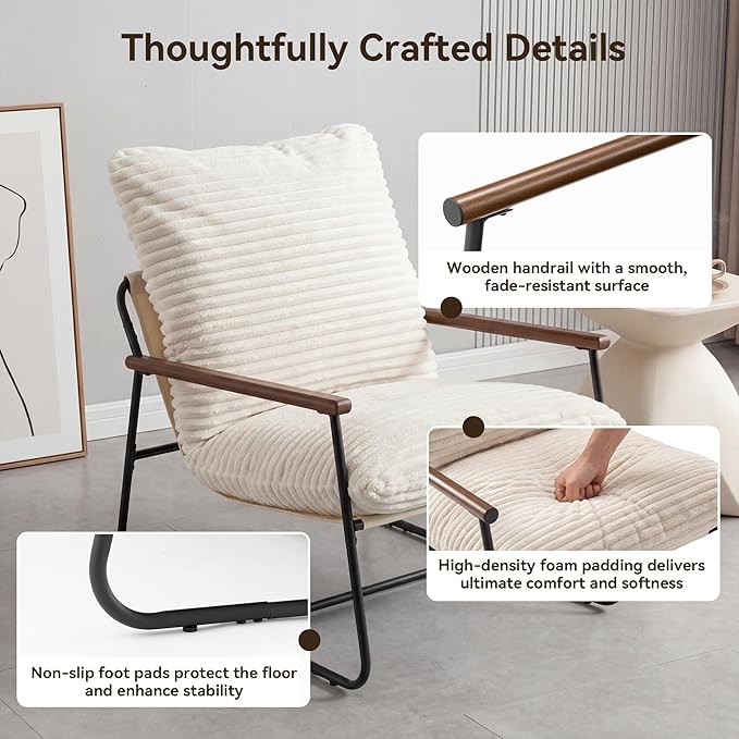 COSIEST Accent Chair for Living Room, Modern Ribbed Upholstered Armchair with Wood Arms, Comfy Lounge Chair with Black Metal Frame, Large Reading Chair for Bedroom, Office, Small Space, White