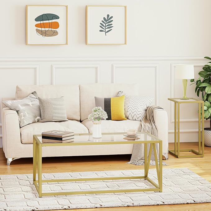 HOOBRO Glass Coffee Table, Gold Coffee Tables for Living Room, Gold Glass Coffee Table,1 Layer Center Table, Modern, for Apartment, Office, 39.4 x 19.7 x 17.7 Inches, Easy Assembly, Golden GD04KF01