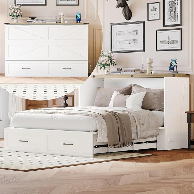 Bellemave Queen Size Murphy Bed, Cabinet Bed with Charging Station and Storage, Farmhouse Murphy Cabinet with Foldable Panel, Noisy Free, for Guest Bedroom, Living Room, Office, White