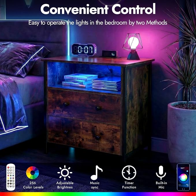 27 Inch Wide Night Stand, Large Wood Night Stand with 2 Drawers, LED Nightstand with Charging Station and Adjustable Drawer, Bedside Table for Living Room/Bedroom/Study/Office, Retro. - Image 5