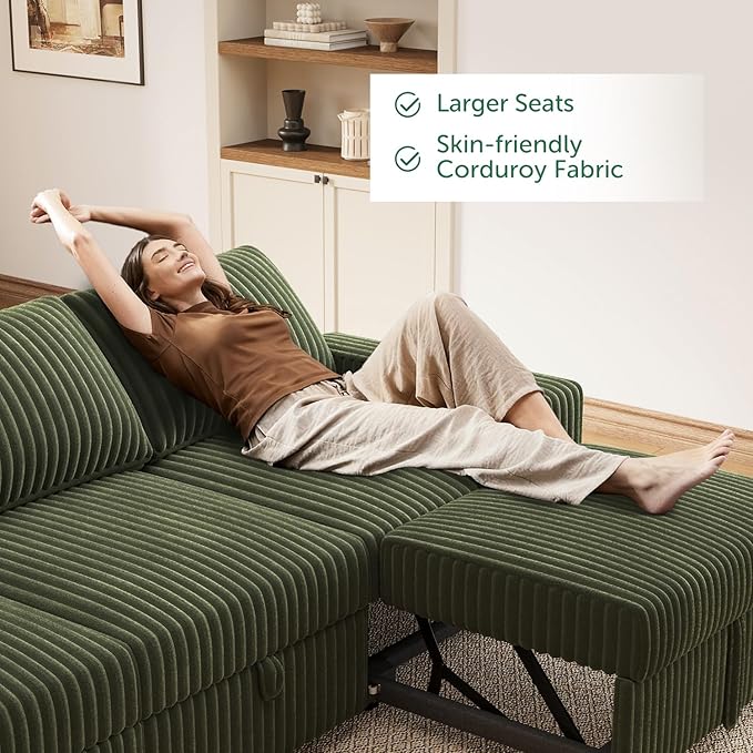 HONBAY 121.3 Inch Modular Sectional Sofa, L & U Shaped Pull Out Couch with Adjustable Backrest & Storage, Velvet Green