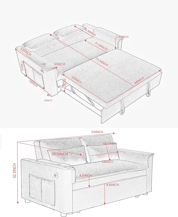 Convertible Loveseat Pull Out Sleeper Sofabed Futon Loveseat Lounge Couch for Living Room 3 in 1 Multi-Functional Pullout Sofa Bed with Reclining Backrest , USB Ports and Side Pockets for Home Office