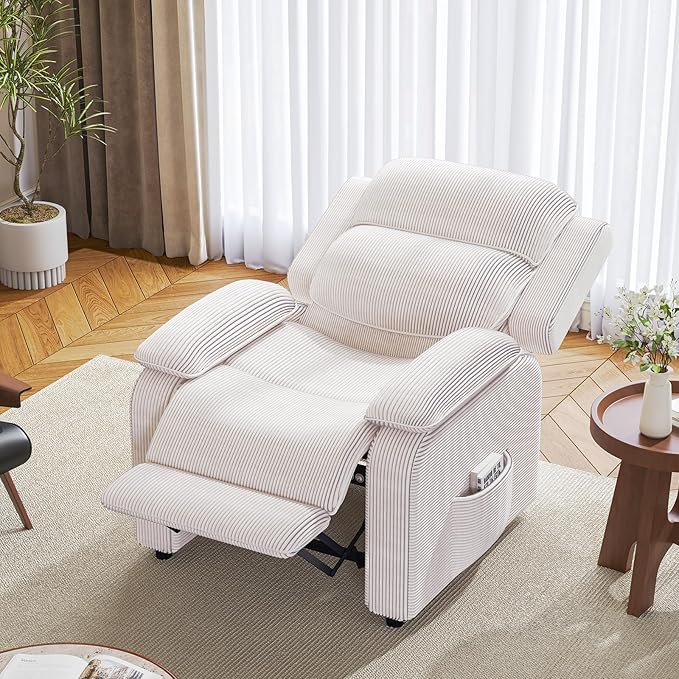 EROMMY Electric Recliner Chair, Oversized Power Recliner with USB Charging Port & Side Pockets, Heavy Duty Corduroy Reclining Sofa Chair, Wide Seat Living Room Chair for Adults, Beige
