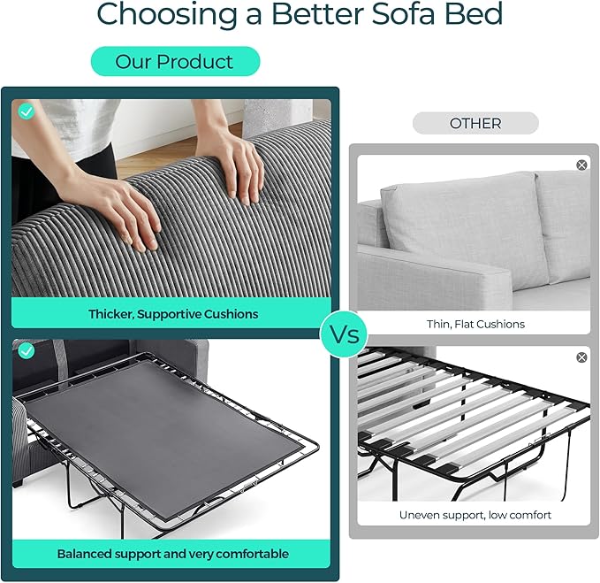 LINSY HOME Pull Out Sofa Bed - Convertible Loveseat Sleeper Sofa, Upgraded Bed Frame Pullout Couch - USB Charging & Cup Holders, Corduroy Sofa Bed for Living Room Small Space, Queen Size (Grey)