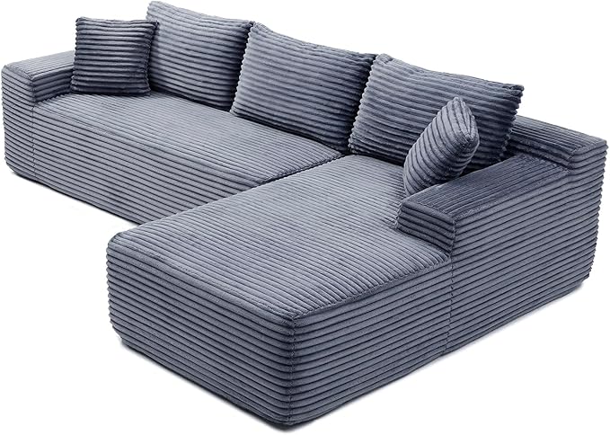 105-Inch L-Shaped Right Facing Corner Compressed Sofa Modular Sectional Boneless Cloud Sofa Floor Foam Couch with Chaise Lounge, Corduroy Corner Boneless Cloud Couch