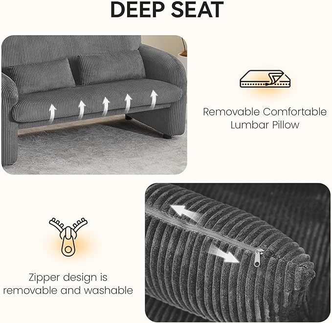 Corduroy Accent Living Room Sets, Comfy Upholstered Loveseat Sofa with 2 Accent Chairs, Morden Couch Sets for Living Room, Bedroom, Office, Grey