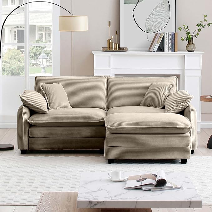 KEIKI 81" L-Shaped Oversized Corduroy Modular Sectional Loveseat Sofa with 1 Ottoman, High-Density Foam Cushions, Removable Armrests, Upholstered 2-Seater Couch with 4 Pillow, for Living Room, Tan