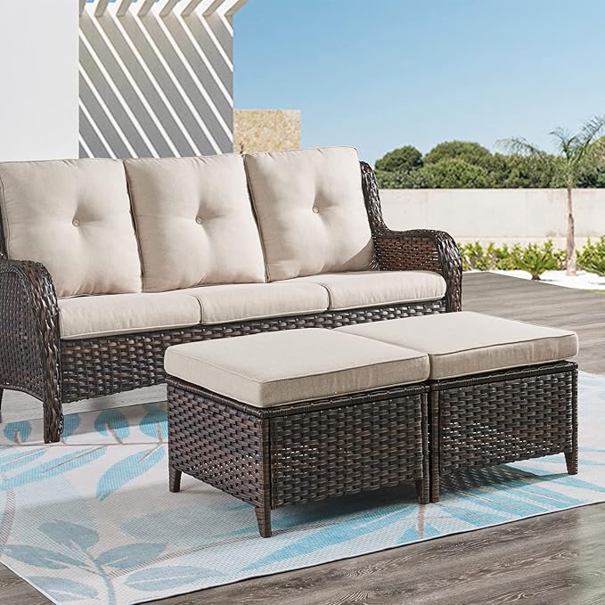 HUMMUH 7pcs Patio Furniture Set Swivel Rocker Patio Chairs,PE Wicker Outdoor Sofa Set of 2 with Coffee Table and Ottomans(Brown,Beige)