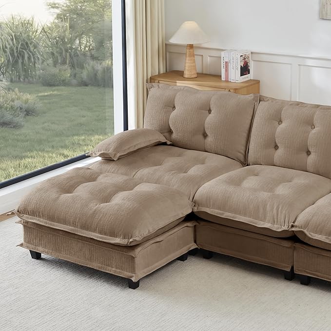 108" Oversized L Shaped Modular Sectional Sofa with Reversible Ottoman, Comfy Chenille Upholstered Cloud Couch 4-Seater Sofa Set for Living Room, Apartment, Office | Free Combination, Tufted