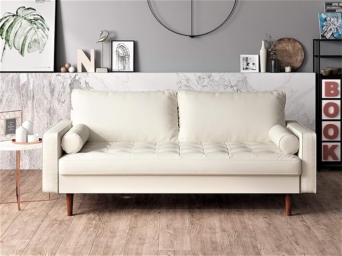 Womble Mid Century Modern Couch with Bolster Pillows, PU Leather Upholstered Tufted Seat, Versatile Retro Design for Comfortable Living Spaces, Sofa, White
