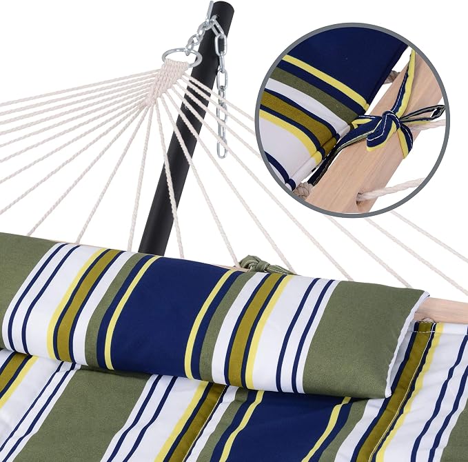 SUNCREAT Hammocks Double Outdoor Hammock with Stand, Cotton Rope Two Person Hammock with Polyester Pad & Large Pillow, Blue& Gray - Image 4