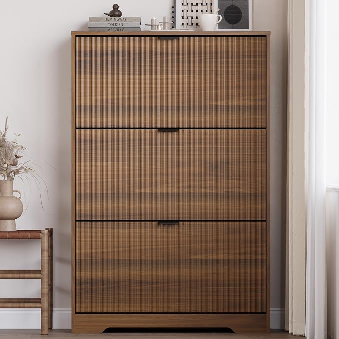 BORNOON Entryway Shoe Cabinet with 3 Flip Drawers, Narrow Shoe Organizer Cabinet with Fluted Panel and Adjustable Shelves for Foyer, Hallway - Image 6