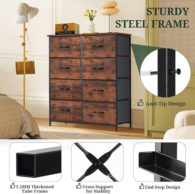 8-Drawer Dresser for Bedroom, Anti-Tip Tall Storage Organizer Chest of Drawers with Wooden Top and Metal Frame Fabric Bins for Closet, Living Room, Hallway, Entryway, Brown - Image 4