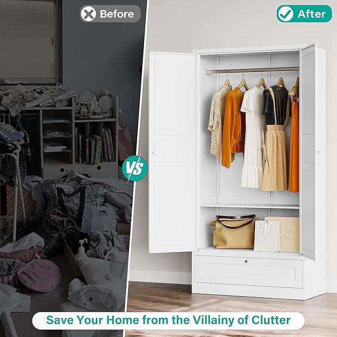 Metal Wardrobe Cabinet with Drawer and Hanging Rod,Armoire Wardrobe Closet with doors,White Metal Clothing Storage Cabinet with Adjustable Shelves,Armoire Storage Cabinets for Home,Bedroom Armoires
