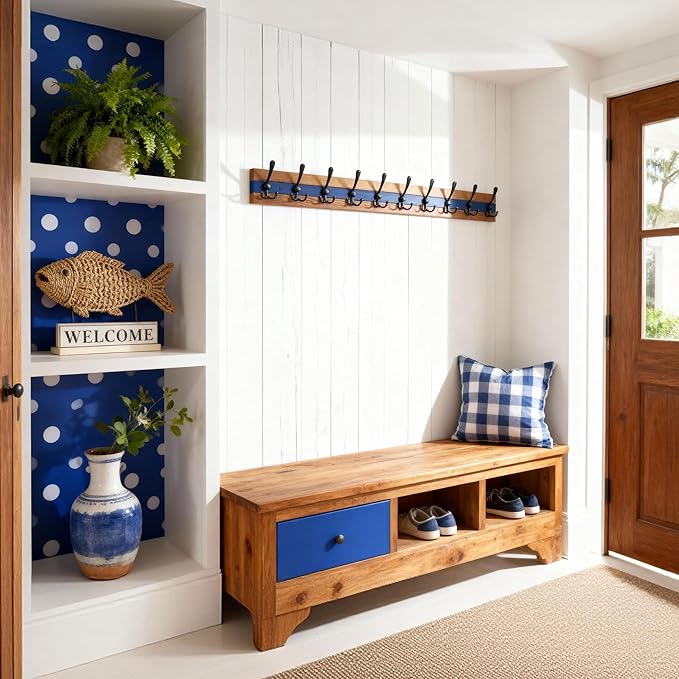 SKOLOO Rustic Wall Mounted Coat Rack - 38-1/8" Long Coat Hooks for Wall with 10 Triple Hooks for Hanging Coats, Hats or Tools, Western National Parks Collection, Wood Brown & Blue - Image 2