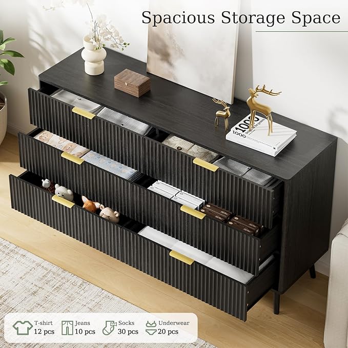 LYNSOM Fluted Dresser and Nightstand Set, 3 Pieces Bedroom Set, 55 Inch Wide 6-Drawer Dresser & 2-Drawer Nightstands Set of 2, Modern Dressers Set for Bedroom, Hallway, Black