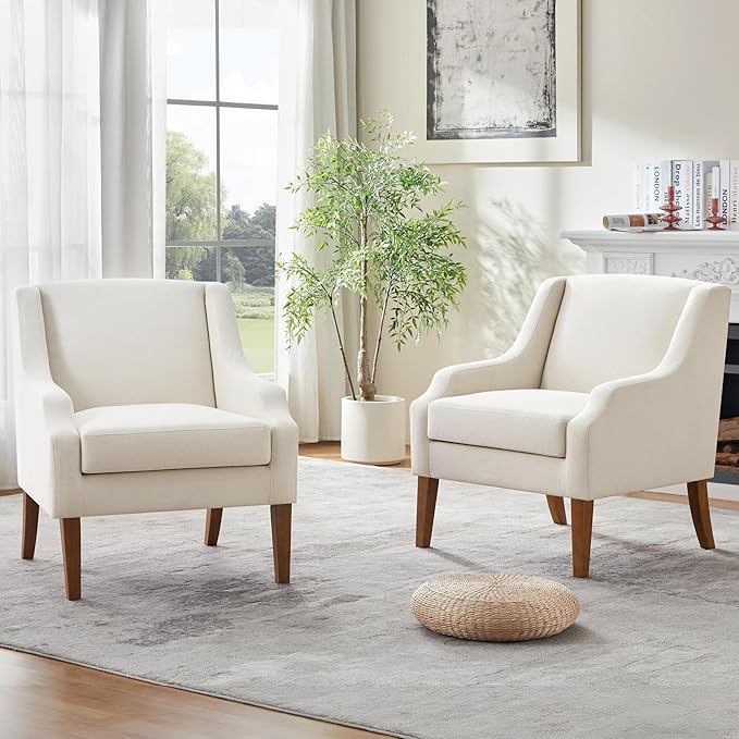 Accent Chair for Living Room Set of 2,No Assembly Upholstered Mid Century Modern Comfy Tufted Armchairs with Wooden Legs,Sofa Chairs for Bedroom, Reading Waiting Room Apartment Beige
