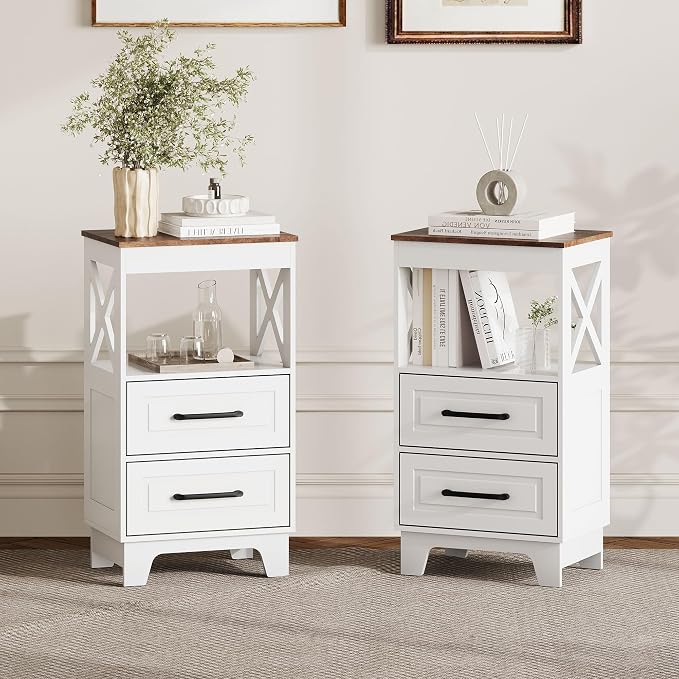 Tall Nightstand Set of 2 Side Table with 2 Drawers Modern Night Stand Wooden Rustic End Table Bedside Table with Below Open Shelf Solid Feet for Bedroom White+Walnut - Image 6