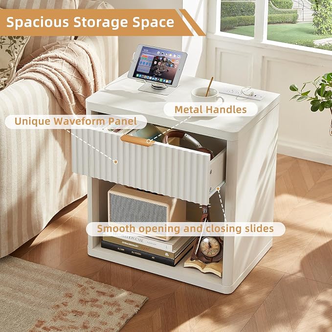 LEYAOYAO Fluted Nightstand with Charging Station, 23" Wide 1 Drawers End Table,White Night Stand with Open Storage Cabinet, Farmhouse Bed Side Tables, Wood Dresser for Bedroom, Living Room, Closet - Image 5