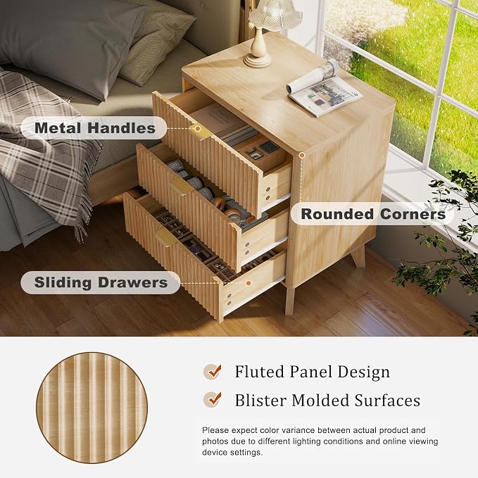 LYNCOHOME Fluted Nightstand Set of 2, Wood Bedside Table with 3 Drawers, Modern Farmhouse Storage End Table for Bedroom, Natural - Image 4