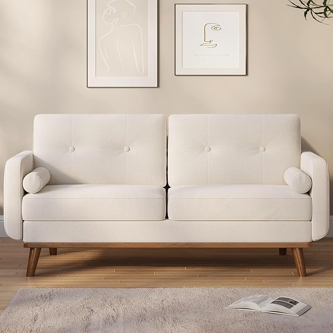 Garvee 65 in Mid Century Modern Loveseat Sofa for Small Spaces, 2 Seater Linen Upholstered Couch with Button Tufted Design & Wood Legs, Small Couch for Living Room, Bedroom, Office, Apartment, Beige
