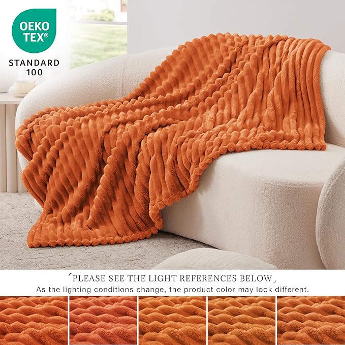 EXQ Home Fall Throw Blanket for Couch or Bed - 3D Stripe Jacquard Decorative Fleece Blankets - Cozy Soft Lightweight Fuzzy Flannel Blanket Suitable for All Seasons(50"??60",Orange)