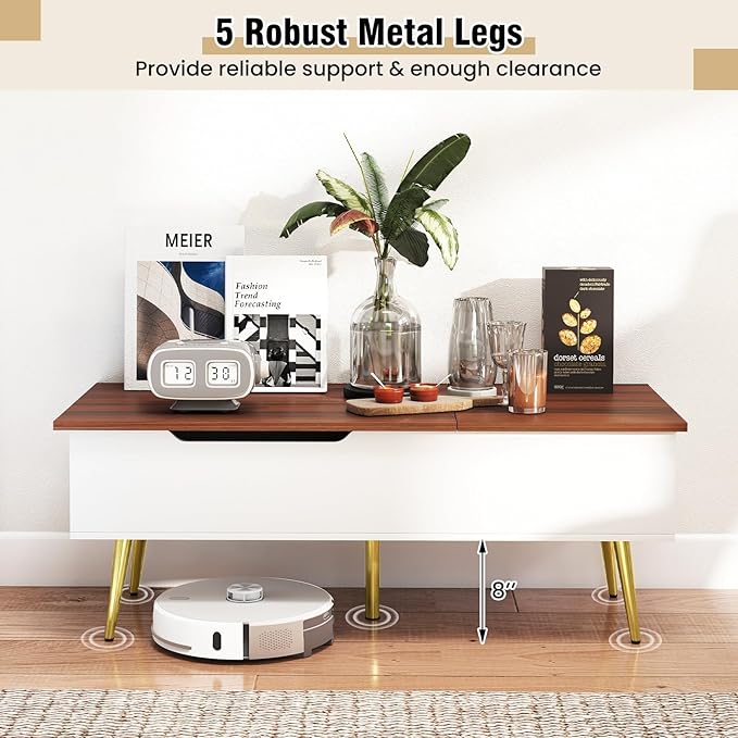 Tangkula Lift Top Coffee Table, Mid Century Modern Center Table with Split Top & 2 Hidden Compartments, Rectangle Accent Table with Tapered Metal Legs for Living Room (Walnut+White+Gold)