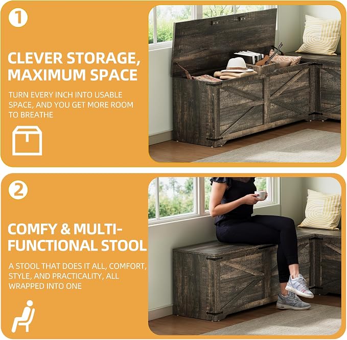 DWVO L-Shaped Storage Bench, 18" High Corner Dining Bench with Safety Hinges, Wooden Nook Chest for Living Room, Bedroom - Image 5