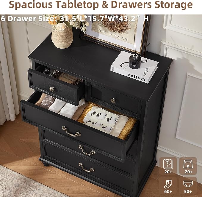 Joaxswe Farmhouse 6 Drawer Dresser Set of 2 for Bedroom, 42" Tall Rustic Chests of Drawers w/ 4 Solid Wood Feet, Mid Century Vintage Wooden Closet Storage Dressers Organizer for Living Room,Black - Image 4