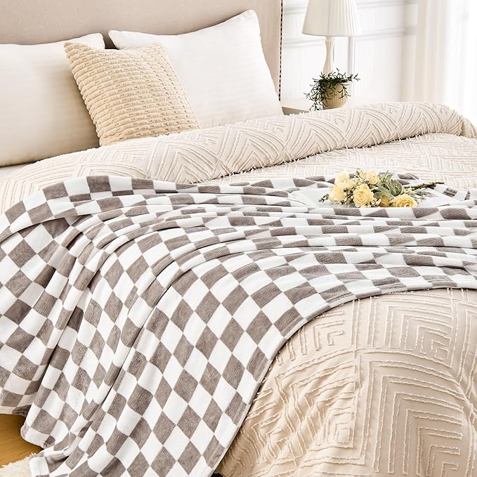 Edenleaf Light Grey Checkered Blanket, Ultra Soft Fluffy Fleece - Checkered Grid Print Throws for Couch Sofa Bed, Cozy Luxury Throw Blanket for All Seasons, 50x60 Inch, Cashmere Smoke