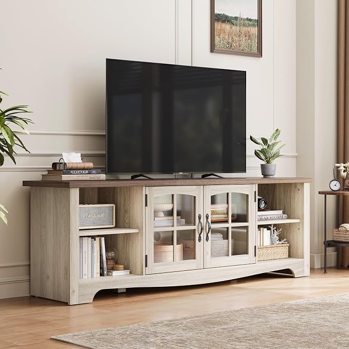 LINSY HOME TV Stand for 75 Inch TV, Modern Farmhouse Entertainment Center with Storage Cabinets and Glass Doors, Tall Media Console Table for Living Room, Bedroom, Large Long Television Stand, Beige - Image 2