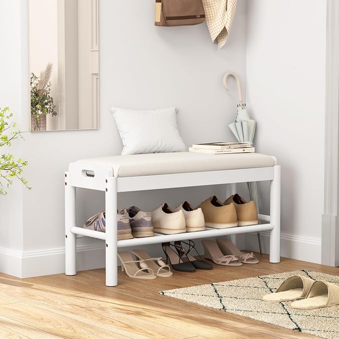 Entryway Shoe Storage Bench, 2-Tier Wood Shoe Rack with Cushion, Padded Seat Entryway Organizer with Shelf & Hidden Storage for Entry, Hallway, Living Room, Bedroom, Closet (White, 31.5") - Image 3